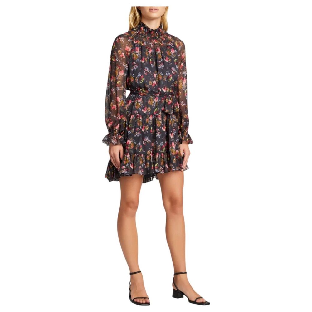CINQ à SEPT Daija Belted Tiered Gray Floral Print Chiffon Mini Dress Size 8